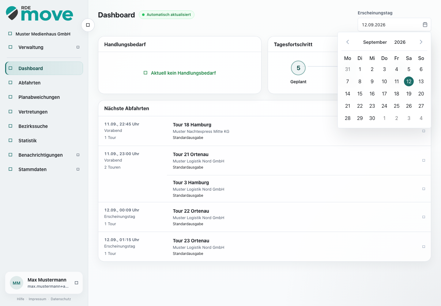 RDEmove-Dashboard mit Handlungsbedarf, Tagesfortschritt und den nächsten Abfahrten