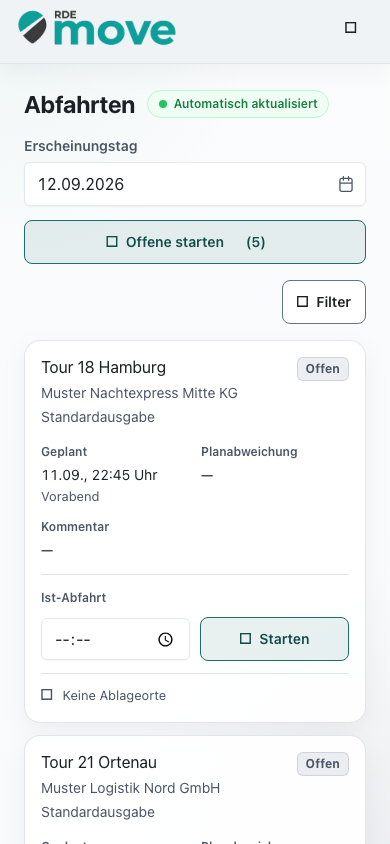 Mobile Abfahrtsansicht mit Tourstatus sowie Datum und Tagesbezug der geplanten Abfahrt