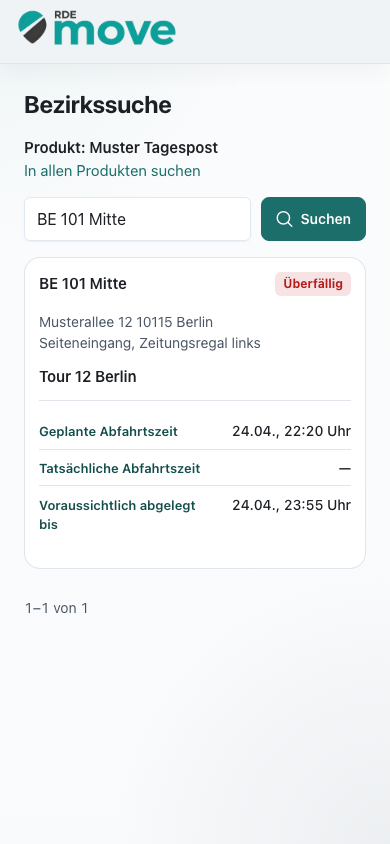 Mobile öffentliche Bezirkssuche mit Ablageort sowie Datum und Uhrzeit der geplanten Abfahrt