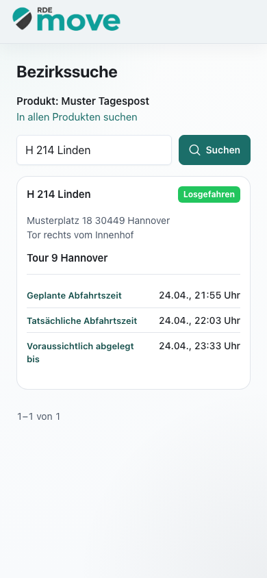 Mobile öffentliche Bezirkssuche mit einem Ablageort und tatsächlicher Abfahrtszeit