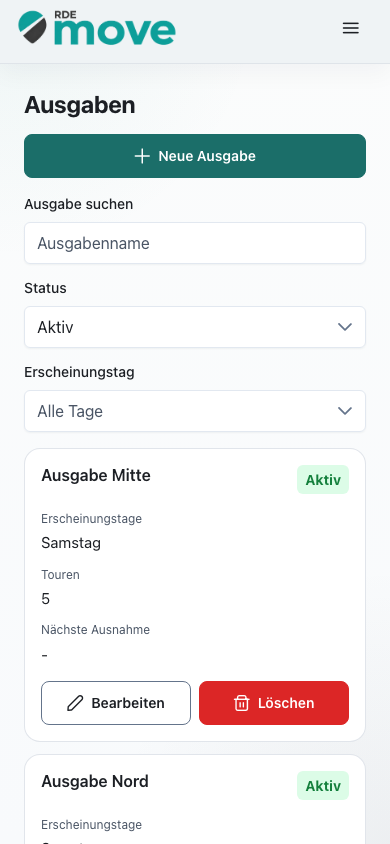 Mobile RDEmove-Ausgabenübersicht mit Erscheinungstagen, Touranzahl und Status